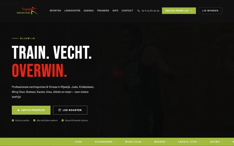 Tsuyoi Budo Sportschool, homepage op desktop